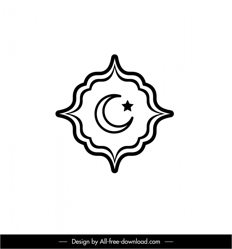 islam sign icon flat black white symmetric border crescent start outline 
