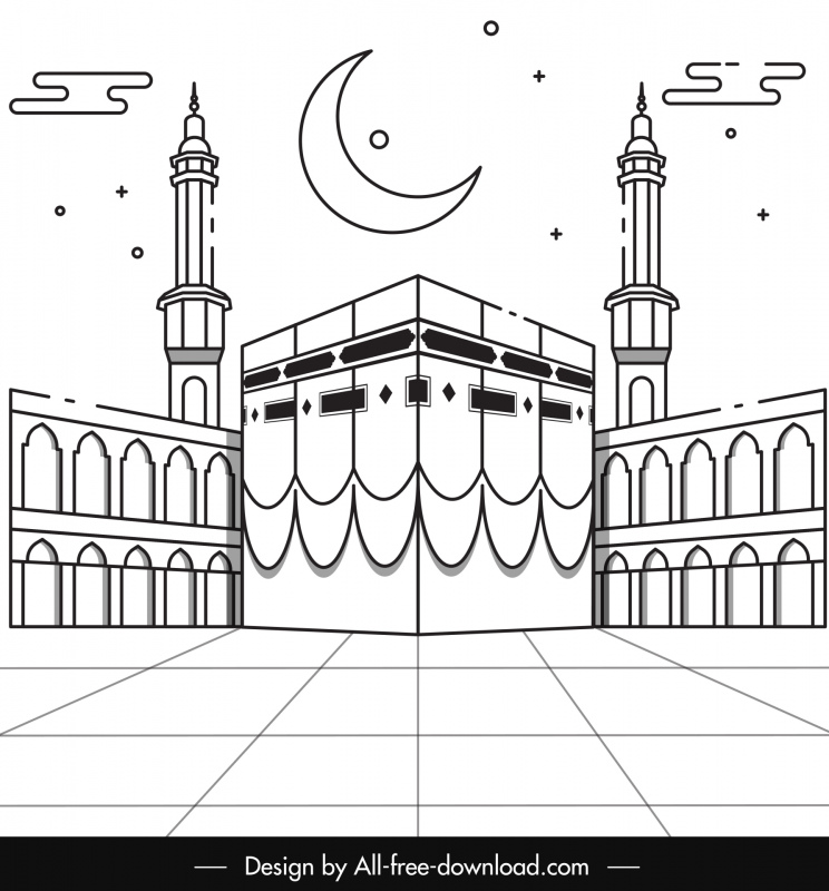 islamic hajj pilgrimage backdrop black white 3d architecture outline