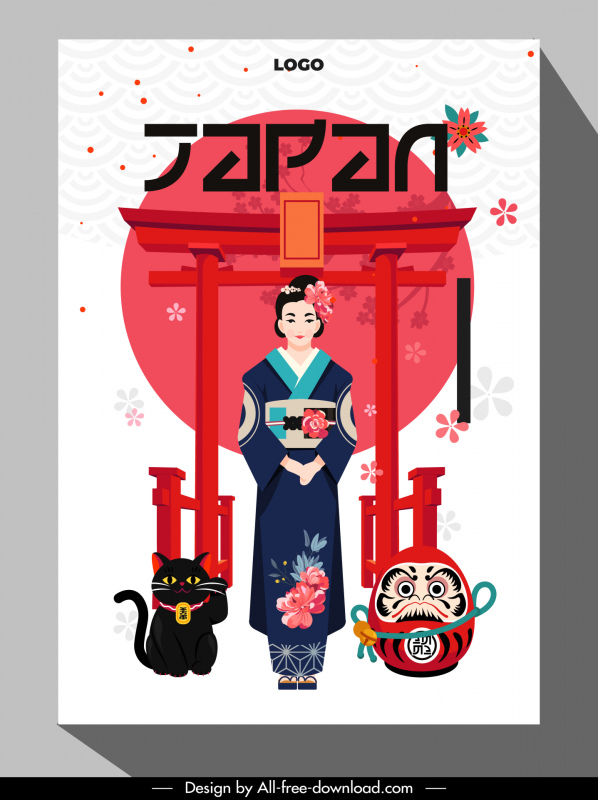 japan advertising poster template cartoon character kimono costume lady daruma doll lucky cat temple gate sketch