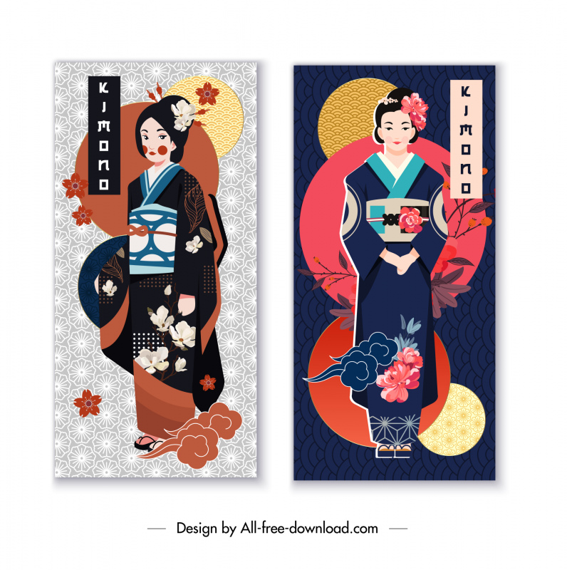 japan culture banner templates cartoon women in kimono sun, sakura sketch  