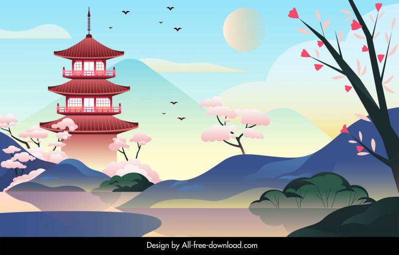 japan landscape background template elegant cherry blossom castle scene 