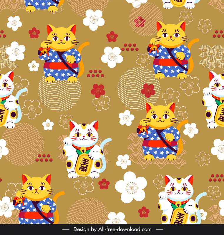 japan pattern template cute repeating cats sun sakura petals outline 