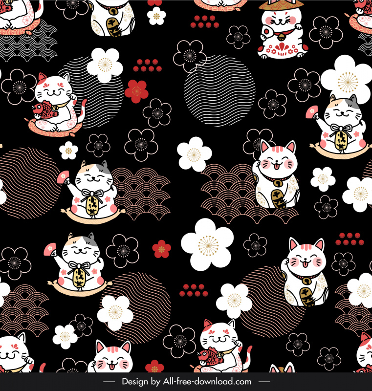 japan pattern template flat dark design cute funny cat sketch repeating design 