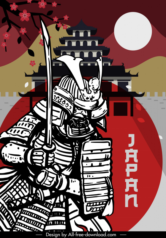  japan poster template flat handdrawn warrior sun castle sakura decor