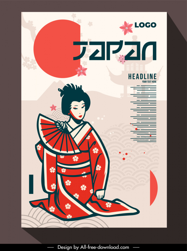 japan poster template handdrawn cartoon geisha silhouette castle sun sakura outline 