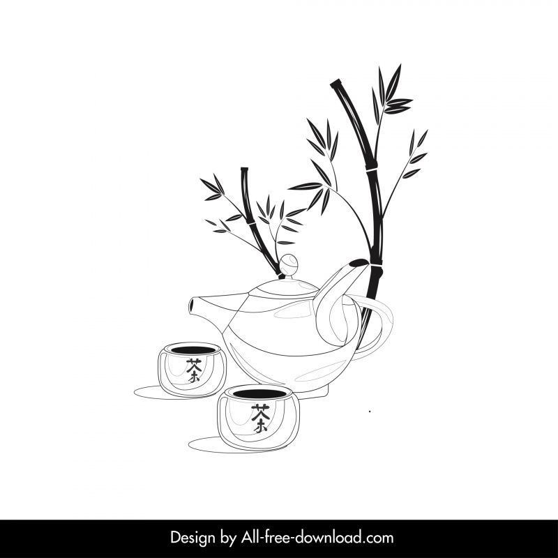 japanese tea set icon black white handdrawn bamboo cup pot outline 
