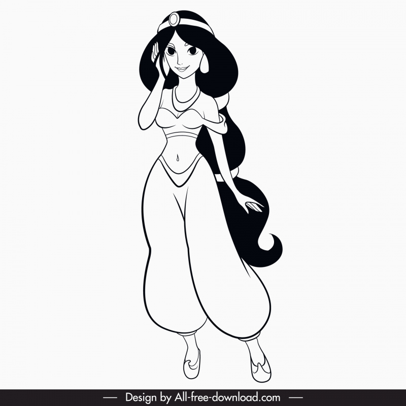 jasmine cartoon character icon black white handdrawn cartoon sketch