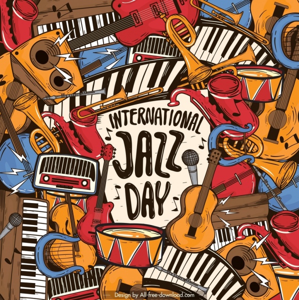 jazz banner instruments icons decor classical messy design