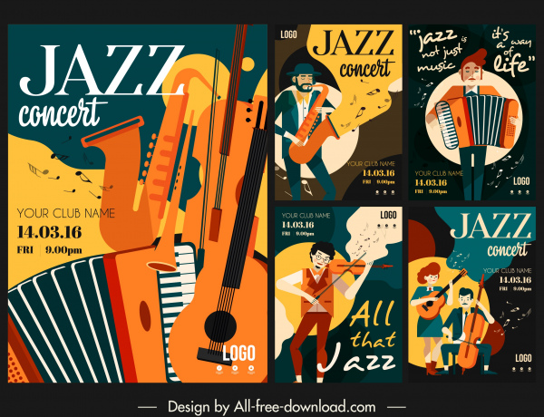 jazz festive posters colorful classical instrument performers sketch