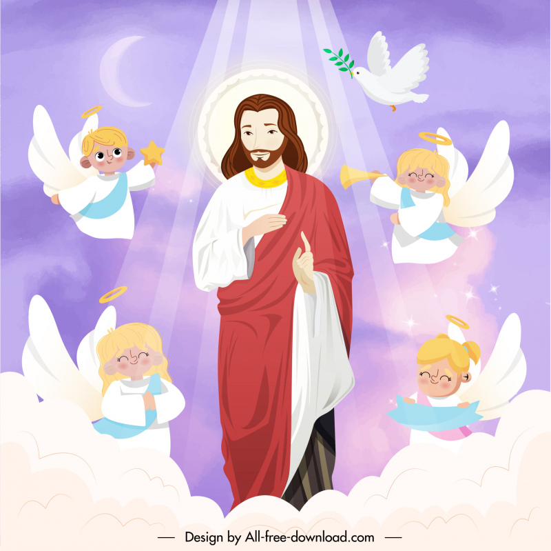jesus christ in heaven with angels backdrop template cute cartoon design