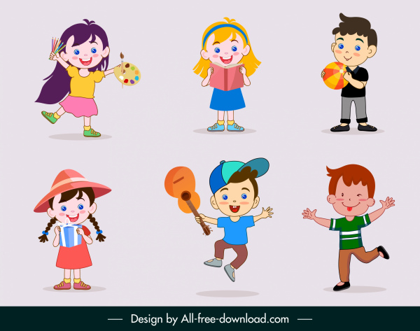 joyful kids icons cute cartoon characters sketch