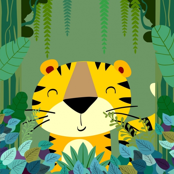 jungle drawing stylized tiger icon multicolored cartoon design
