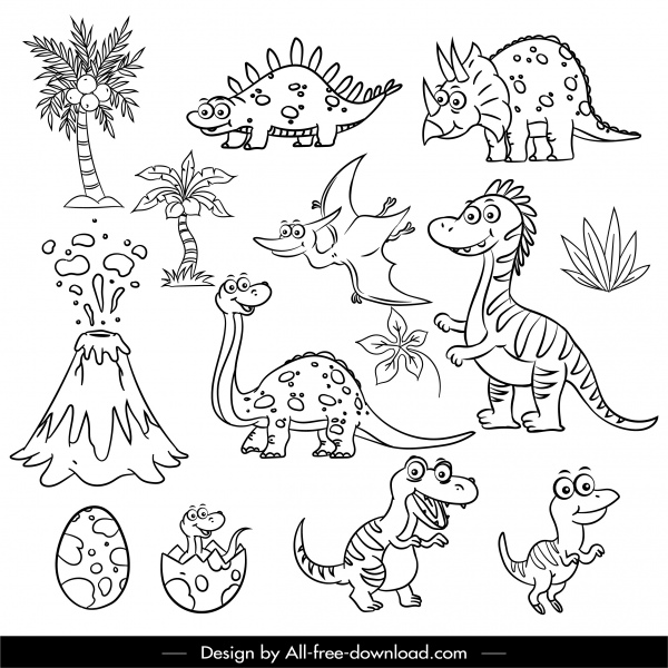 jurassic design elements handdrawn dinosaur tree volcano sketch