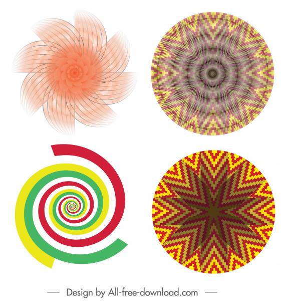 kaleidoscope icons symmetric illusive spiral swirled decor