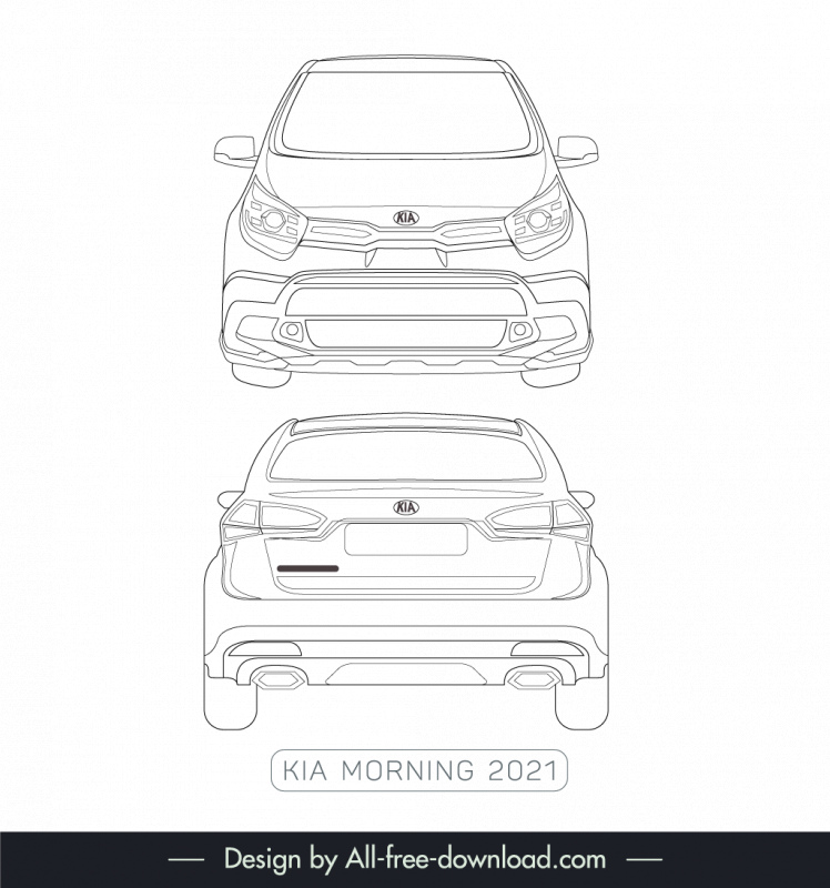 kia morning 2021 car lineart template black white handdrawn front view back view outline 