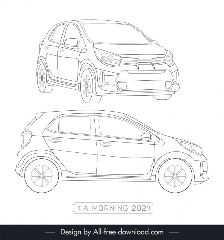 kia morning 2021 car lineart template black white handdrawn front view side view outline 