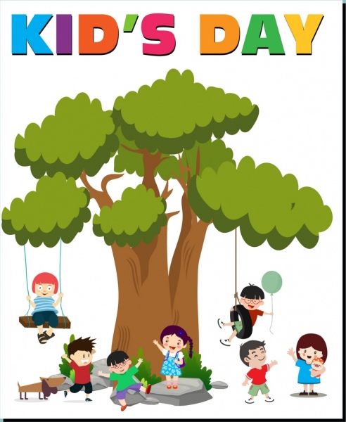 kid day banner colored cartoon playful children icons