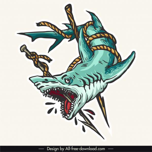 killed shark tattoo template colored bloody scary sketch