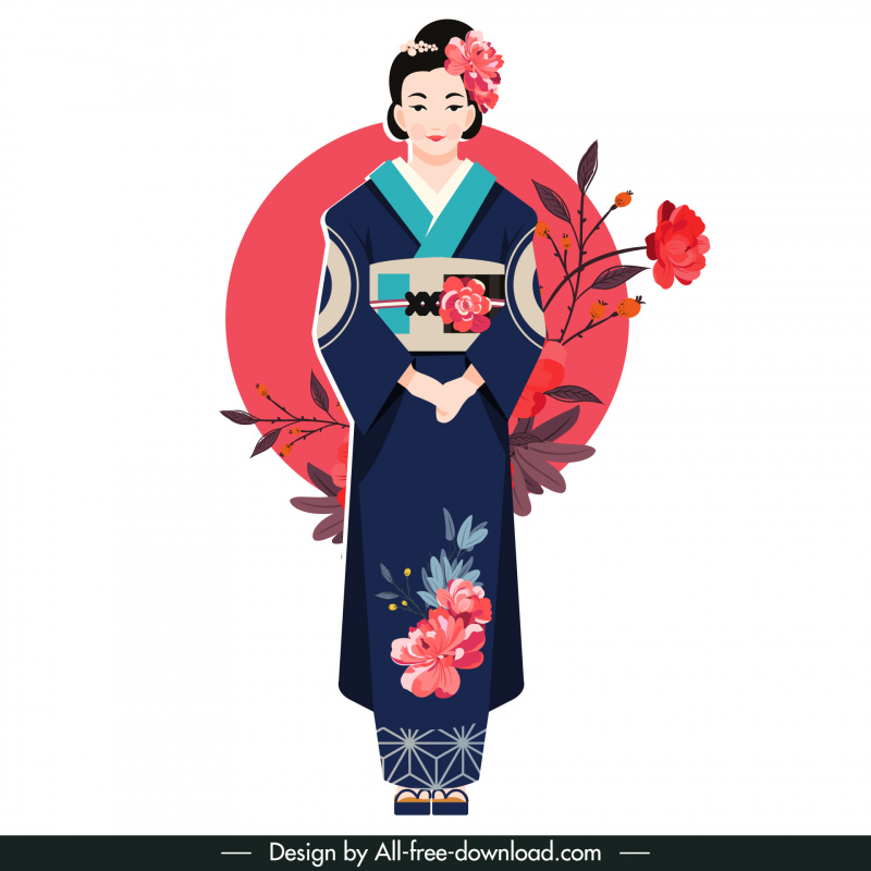 kimono japan girl icon traditional costume sakura sun sketch cartoon design 