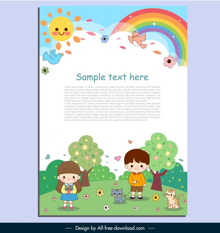 Kindergarten brochure template cute cartoon children rainbow sun ...