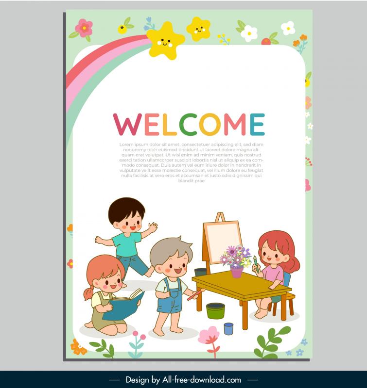 Kindergarten brochure template lovely dynamic playful children cartoon ...