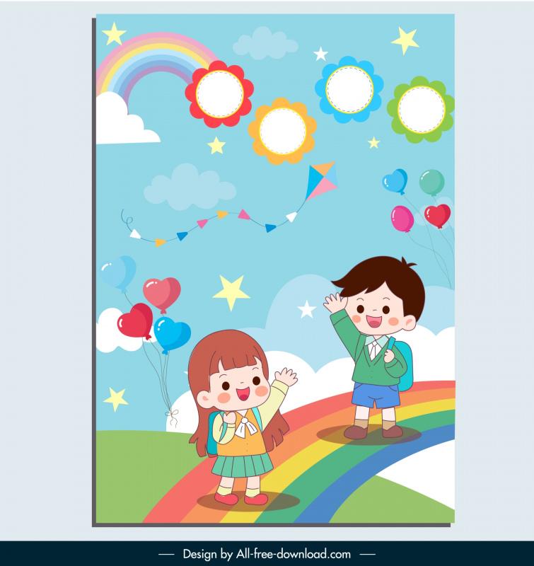 kindergarten poster template cute cartoon children rainbow stars 