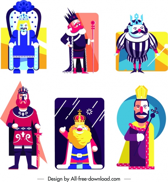 king icons collection colored cartoon character sketch