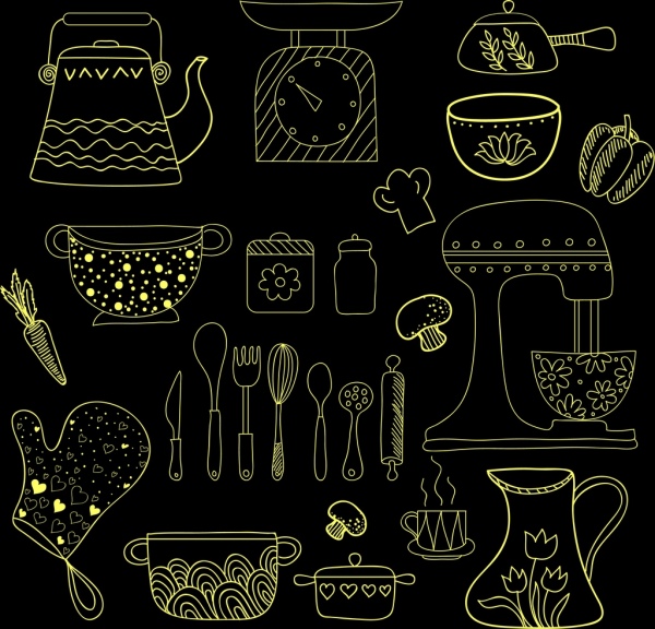 kitchenware icons black yellow handdrawn sketch