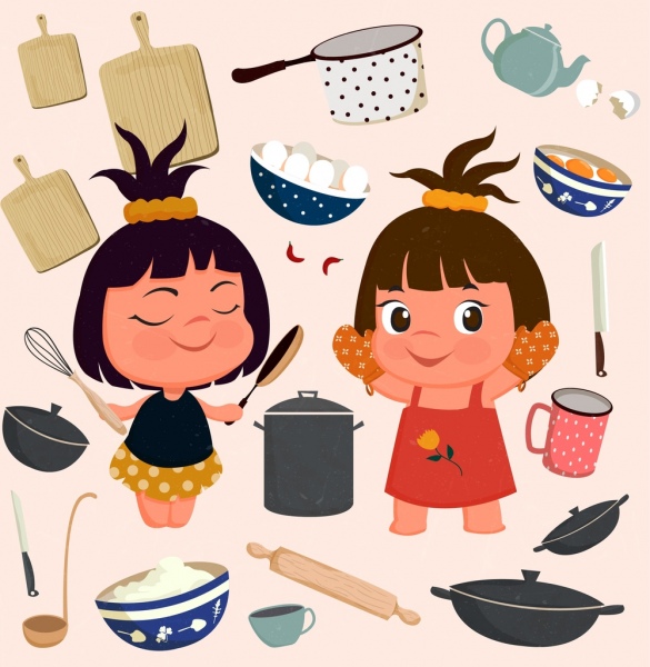 kitchenwares icons collection cute girls utensils accessories
