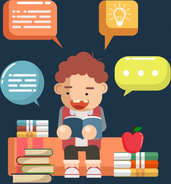 knowledge background studying boy books speech bubbles icons