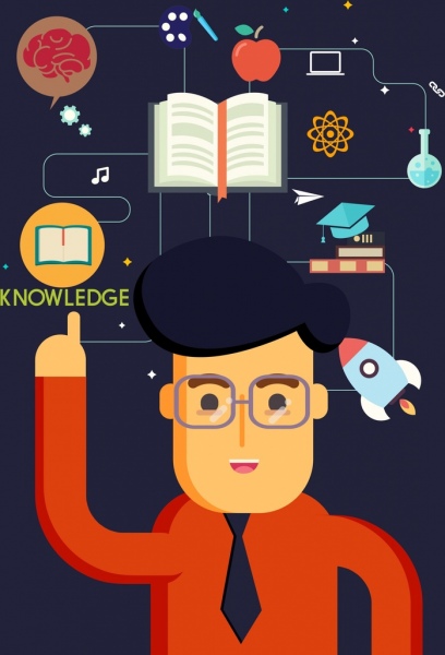 knowledge concept banner man learning tool icons
