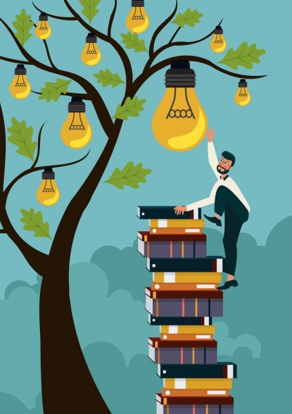 knowledge conceptual drawing man books stack lightbulbs icons