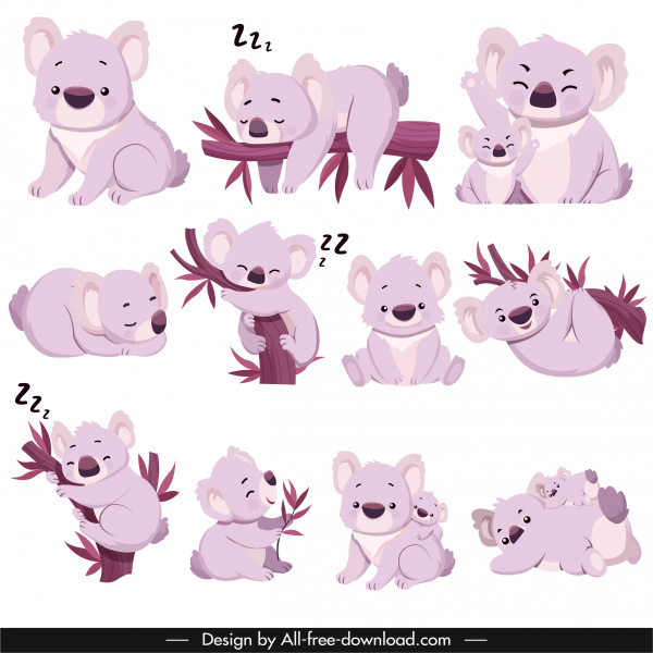 koala species icons cute gestures sketch cartoon characters