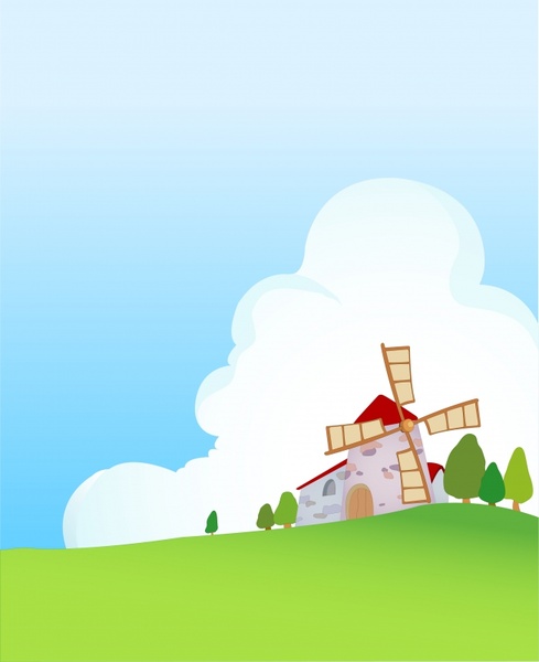 countryside painting windmill hill icons colorful design