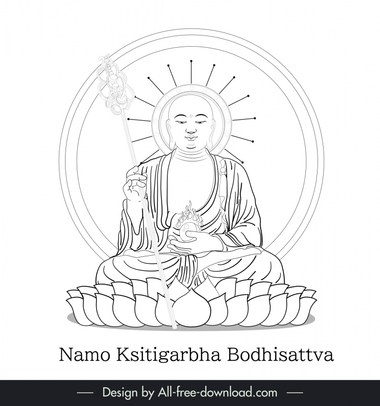ksitigarbha bodhisattva sign icon flat black white cartoon character outline