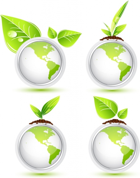ecology icon sets green globe leaf seed decor