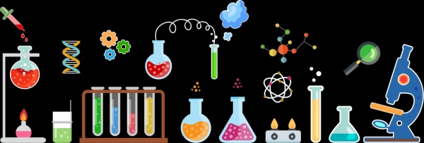 laboratory background glassware tools icons multicolored flat design