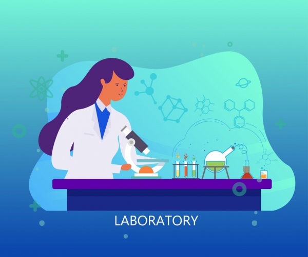 laboratory work background female scientist molecule tools icons
