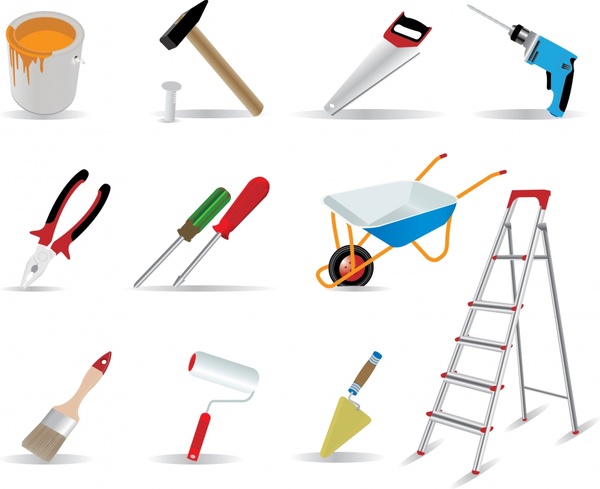construction work tools icons colored modern 3d sketch