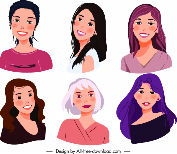 ladies avatars icons colored cartoon characters sketch