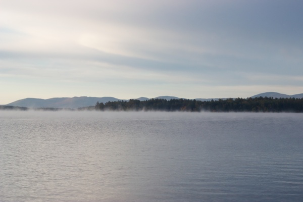 lake fog trees clouds
