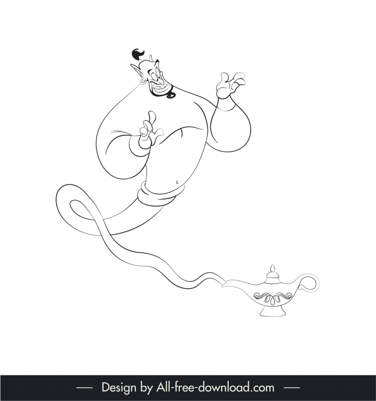 lamp genie aladdin cartoon character icon black white handdrawn outline  