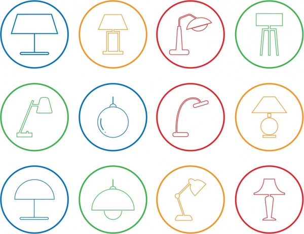 lamp icons outline colored flat design circle isolation