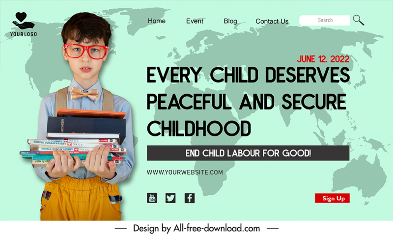 landing page end child labour for good template cute boy education tool world map silhouette sketch
