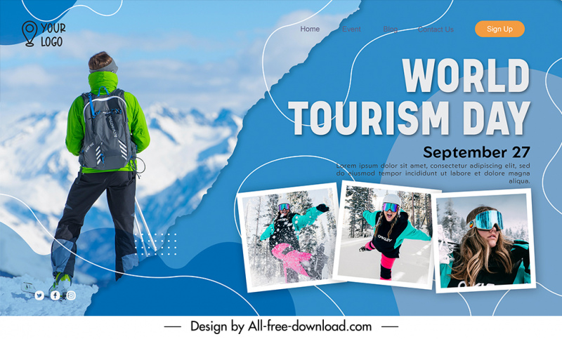 landing page happy world tourism day template snow mountain scene skiing activities sketch modern realistic design