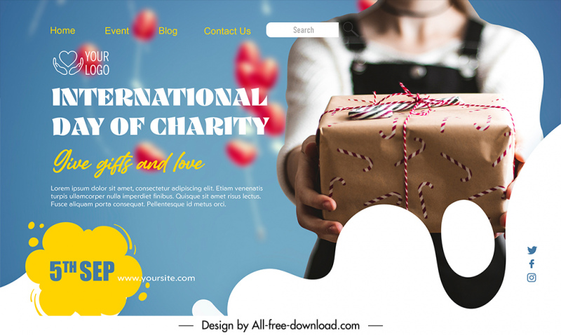 landing page international day of charity template modern closeup blurred design gift giving sketch 