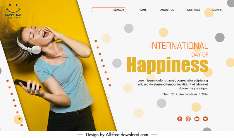landing page international day of happiness template dynamic modern realistic girl listening to music sketch