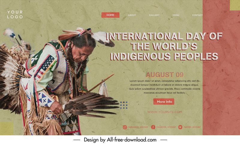 landing page international day of the worlds indigenous peoples template indian american woman in traditional costume sketch