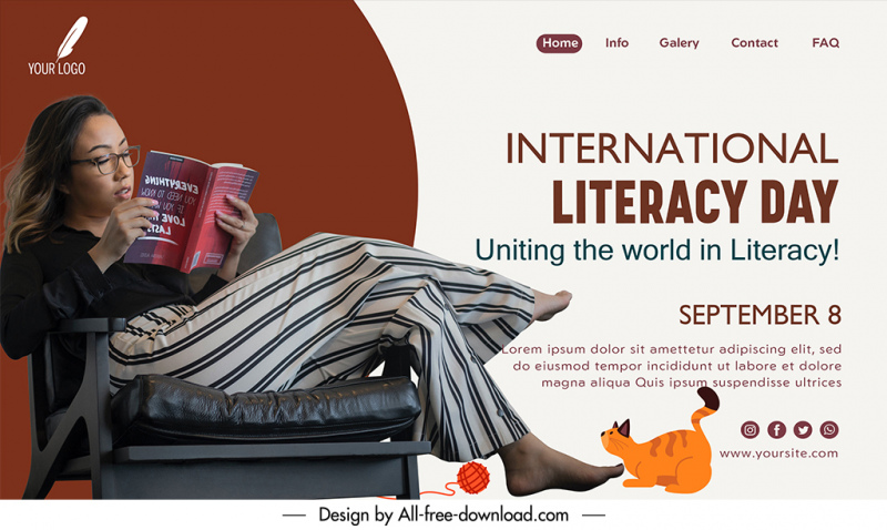 landing page international literacy day template woman reading book sketch modern realistic design  