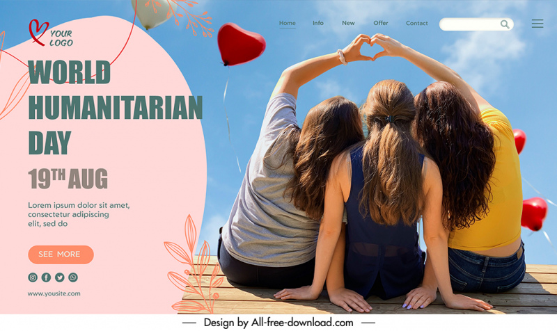 landing page international world humanitarian day template female friends gathering heart shapes sketch modern realistic design 